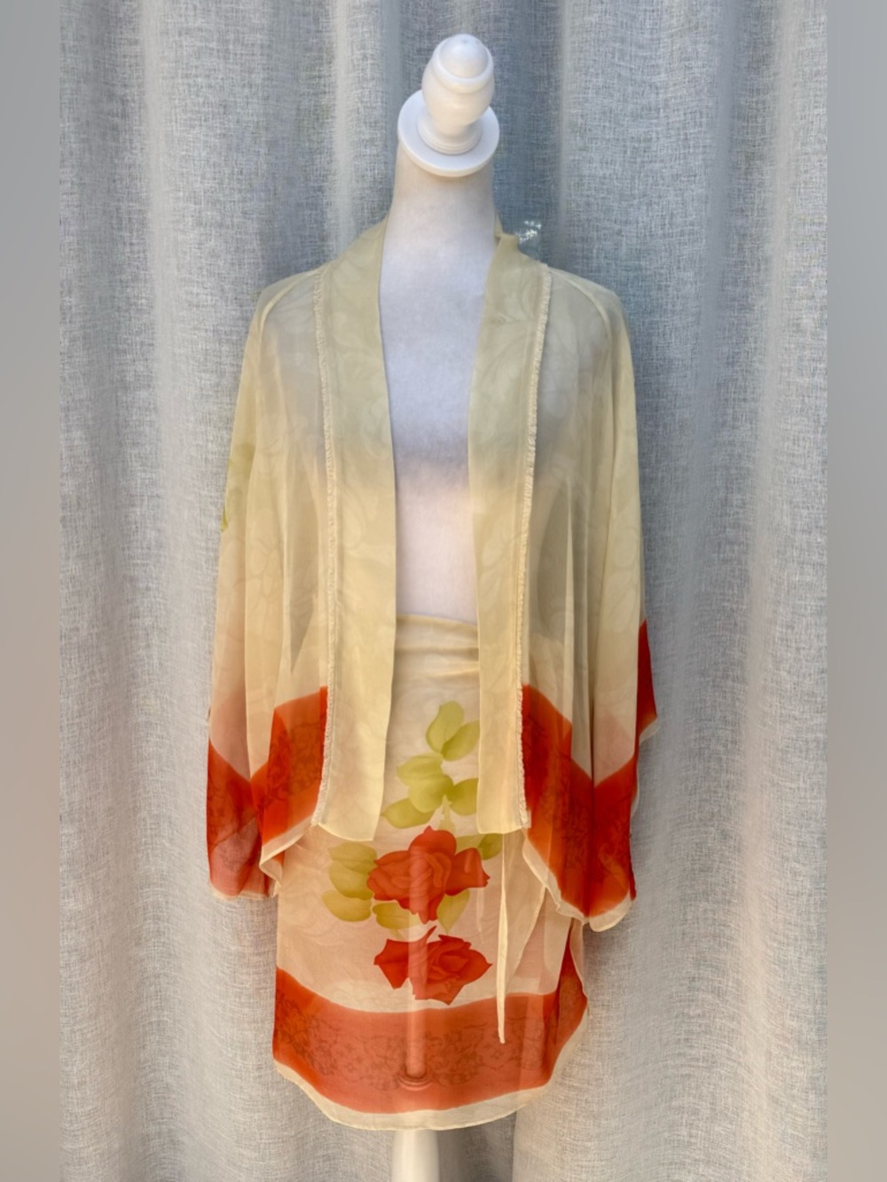 Harari yellow orange silk sheer kimono top blouse wrap skirt matching set